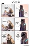  1boy 2others 6koma abineko arknights briefcase doctor_(arknights) english_text heart_attack highres hood hooded_jacket injury jacket mask mephisto_(arknights) multiple_others reunion_soldier_(arknights) speech_bubble twitter_username white_hair 