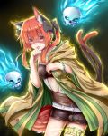  1girl absurdres animal_ear_fluff animal_ears belt bow bracelet breasts cat_ears cat_tail cosplay feng_ling_(fenglingwulukong) floating_skull glowing hair_bow highres hiita hiita_(cosplay) hood hood_down hooded_robe jewelry kaenbyou_rin multiple_tails open_clothes open_robe orange_eyes orange_hair pom_pom_(clothes) robe skirt solo tail thighlet tongue tongue_out touhou two_tails unbuttoned unbuttoned_shirt yuu-gi-ou 