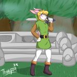  a_link_to_the_past anthro boots clothing footwear fur hi_res lagomorph leporid link_(rabbit_form) male mammal melee_weapon nintendo pink_body pink_fur rabbit solo sword the_legend_of_zelda thibbycat tunic video_games weapon 