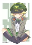  1girl black_bow black_footwear black_neckwear blonde_hair blouse boots bow brown_eyes brown_jacket closed_mouth commentary erwin_(girls_und_panzer) full_body girls_und_panzer green_headwear green_skirt half-closed_eyes hat highres jacket light_blush long_sleeves looking_at_viewer military_hat military_jacket miniskirt namatyoco ooarai_school_uniform open_clothes open_jacket peaked_cap pleated_skirt pointy_hair sailor_collar school_uniform short_hair sitting skirt smile solo twitter_username v_arms white_blouse white_sailor_collar 