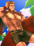  01rosso 1boy abs alternate_costume bara bare_chest beard bulge capelet chest facial_hair fate/grand_order fate/zero fate_(series) hand_on_head holding holding_surfboard iskandar_(fate) male_focus male_swimwear manly muscle red_capelet red_eyes red_hair short_hair solo summer surfboard swim_trunks swimwear thighs 