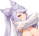  1girl aki663 animal_ears bangs blush bow braid breasts cleavage closed_mouth erune eyebrows_visible_through_hair fraux granblue_fantasy large_breasts lifted_by_self lips long_hair long_sleeves looking_at_viewer shiny shiny_hair shiny_skin silver_hair simple_background smile solo tied_hair undressing white_background yellow_eyes 
