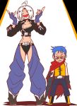  1boy 1girl angel_(kof) anger_vein blue_hair breasts cape chaps cropped_jacket fingerless_gloves g=hikorou gloves highres k9999 midriff red_cape red_eyes sharp_teeth short_hair teeth the_king_of_fighters white_hair 