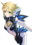  1girl alternate_costume blonde_hair bodysuit breasts cowboy_shot cyborg deekei fiora_(xenoblade) green_eyes highres leaning_forward mecha-fiora medium_breasts short_hair skin_tight solo xenoblade_chronicles xenoblade_chronicles_(series) 