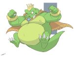  2020 absurd_res anthro belly big_belly canson cape claws clothing crocodilian crown donkey_kong_(series) fangs green_body green_skin hi_res jewelry king_k._rool kremling male navel nintendo nipples outie_navel overweight overweight_anthro overweight_male reptile scalie sharp_teeth solo suspended_in_midair teeth video_games yellow_body yellow_skin 