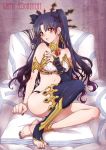  1girl armlet bare_shoulders black_hair blush breasts bridal_gauntlets crown earrings fate/grand_order fate_(series) hair_ribbon hoop_earrings ishtar_(fate)_(all) ishtar_(fate/grand_order) jewelry kanoe_youshi long_hair looking_at_viewer navel red_eyes ribbon single_thighhigh solo thighhighs toeless_legwear two_side_up 