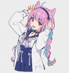 1girl ahoge animal_ears arms_up artist_name blue_hair blue_neckwear blue_ribbon blush bow bowtie braid cat_ears cropped_torso grey_background hololive long_hair long_sleeves looking_at_viewer minato_aqua multicolored_hair neck_ribbon ninomae_ina&#039;nis_(artist) open_mouth purple_eyes purple_hair ribbon sailor_collar simple_background solo twin_braids two-tone_hair virtual_youtuber 