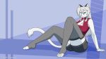  anthro breasts cleavage clothed clothing domestic_cat felid feline felis female fur hi_res legwear looking_at_viewer mammal noke13 on_ground smile smiling_at_viewer solo stockings wallpaper white_body white_fur yume_(noke13) 