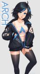  1girl absurdres arch_linux awan0918 bandaid bandaid_on_nose black_hair black_legwear blue_eyes blush breasts eyebrows_visible_through_hair highres hood hoodie large_breasts linux looking_at_viewer medium_hair navel open_mouth os-tan shorts solo thighhighs tux 