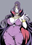  1girl blush bracelet breasts cape cleavage collarbone covered_nipples earrings eyebrows_visible_through_hair eyes_visible_through_hair fingernails gold grey_background jewelry lipstick long_hair makeup mifune_seijirou necklace open_hand parted_lips ponytail purple_cape purple_eyes purple_hair purple_lips purple_lipstick record_of_lodoss_war simple_background solo white_skin wide_hips 