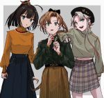  3girls ahoge akigumo_(kantai_collection) akishimo_(kantai_collection) akizuki_(kantai_collection) alternate_costume asymmetrical_bangs asymmetrical_hair bangs black_hair black_headwear blush brown_hair gradient_hair grey_hair hair_ribbon hand_on_another&#039;s_shoulder hat highres jewelry kantai_collection long_hair long_sleeves mole mole_under_eye multicolored_hair multiple_girls nail_polish namesake open_mouth plaid plaid_skirt ponytail ribbon ring simple_background skirt sweat sweater turtleneck turtleneck_sweater two-tone_background zippo_teifujou 