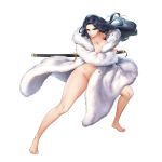  1girl blue_eyes breasts cleavage coat dark_blue_hair feet full_body fur_coat highres invincible_dragon kakiman katana large_breasts last_origin looking_at_viewer naked_coat official_art solo sword tachi-e transparent_background weapon 