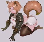  1girl absurdres animal_ears arm_support ass backless_dress backless_outfit breasts brown_legwear cleavage_cutout closed_mouth clothing_cutout dog_ears dog_girl dog_tail dress from_above from_side full_body gauntlets highres ibuo_(ibukht1015) kneeling large_breasts looking_at_viewer no_shoes original short_dress simple_background skin_tight skindentation smile solo tail thick_eyebrows thick_thighs thighhighs thighs turtleneck turtleneck_dress white_dress yellow_eyes 