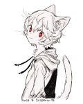  1boy animal_ear_fluff animal_ears blush cat_boy cat_ears cat_tail closed_mouth dated drawstring from_side fur greyscale highres hood hood_down hoodie kemonomimi_mode kuga_yuuma long_sleeves looking_at_viewer monochrome red_eyes sacog simple_background smile solo spot_color tail upper_body whiskers world_trigger 