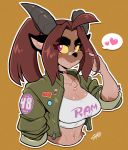  &lt;3 anthro bovid breasts bust_portrait caprine chalo cleavage clothed clothing female jacket joy_ravenhurst mammal nose_bandage portrait purple_eyes shirt solo speech_bubble stickers tank_top topwear yellow_sclera 