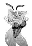  1girl animal_ears armpit_hair armpits arms_behind_back arms_up blush breasts breath bunny_ears bunny_girl bunnysuit covered_nipples dark_elf elf eyebrows_visible_through_hair fake_animal_ears fishnet_legwear fishnets glasses greyscale large_breasts long_hair mifune_seijirou monochrome open_mouth original pointy_ears simple_background solo teeth tongue upper_teeth white_background 