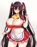  1girl :q apron azur_lane bangs black_hair blush breasts cleavage commentary_request cowboy_shot crop_top crossed_bangs eyebrows_visible_through_hair frilled_apron frilled_skirt frills groin hair_between_eyes hair_ribbon hand_up huge_breasts long_hair looking_at_viewer maid maid_apron maid_headdress marota midriff navel neckerchief red_eyes red_shirt red_skirt ribbon shirt sidelocks skirt solo standing striped striped_ribbon taihou_(azur_lane) tongue tongue_out twitter_username very_long_hair waist_apron wristband yellow_neckwear 