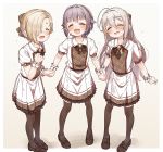  3girls :d ^_^ bangs black_bow black_footwear black_legwear blush bow braid brown_bow brown_hair closed_eyes collared_shirt eyebrows_visible_through_hair frilled_skirt frills grey_hair hair_between_eyes hair_bow hair_flaps hair_over_one_eye highres holding_hands hoshi_shouko idolmaster idolmaster_cinderella_girls kawaii_boku_to_142&#039;s koshimizu_sachiko loafers long_hair matching_outfit multiple_girls open_mouth plaid plaid_bow plaid_skirt pleated_skirt puffy_short_sleeves puffy_sleeves purple_hair shirasaka_koume shirt shoes short_hair short_sleeves skirt smile thighhighs very_long_hair white_shirt white_skirt wrist_cuffs yukie_(kusaka_shi) 