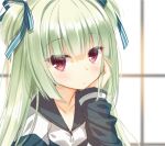  1girl bangs blue_bow blurry blurry_background blush bow cariboy closed_mouth collarbone commentary_request depth_of_field eyebrows_visible_through_hair green_hair hair_bow jacket long_hair long_sleeves looking_at_viewer murasame_(senren) red_eyes senren_banka solo striped striped_bow two_side_up upper_body white_jacket window 