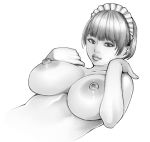  1girl breasts closed_mouth collarbone fingernails greyscale large_breasts lesson_wonder looking_at_viewer maid maid_headdress monochrome nude original short_hair simple_background solo upper_body white_background 
