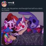  2020 ah_yes._me._my_girlfriend. ambiguous_gender animatronic baby_(fnafsl) bedding blanket blue_eyes bonnie_(fnaf) bow canid canine cheek_tuft clothing english_text eyebrows eyelashes eyeshadow facial_tuft fan_character fangs female fingers five_nights_at_freddy&#039;s five_nights_at_freddy&#039;s_2 flowery-king fox freckles funtime_freddy_(fnafsl) fur group hair hat headgear headwear hi_res human humanoid lagomorph leporid lipstick long_ears lying machine makeup male mammal mangle_(fnaf) meme multicolored_hair pigtails pillow pink_body pink_fur pink_inner_ear puppet_bonnie_(fnafsl) purple_body purple_fur purple_inner_ear rabbit red_cheeks red_hair robot sharp_teeth sister_location sleeping smile teeth text tuft twitter ursid vanny_(fnaf) video_games white_body white_fur 