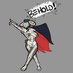  anthro beauty_mark big_breasts bodypaint breasts cape clothing dialogue empskit exhibitionism female gesture halloween hi_res holidays huge_breasts lagomorph leporid mammal marlena mask nude pointing presenting rabbit sagging_breasts simple_background solo standing sugar_skull 