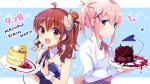  2girls ahoge birthday blush brown_hair cake chiyoda_momo curled_horns dated demon_girl demon_horns demon_tail eyebrows_visible_through_hair food hair_ornament hairclip horns itou_izumo long_hair machikado_mazoku multiple_girls open_mouth pink_hair shiny shiny_hair short_hair tail yoshida_yuuko_(machikado_mazoku) 