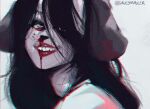 2026 anthro blood bodily_fluids canid canine canis chromatic_aberration compression_artifacts domestic_dog female floppy_ears hair hair_over_eye lipstick long_hair makeup mammal monochrome nosebleed open_mouth open_smile red_lipstick saucymauler signature simple_background smile solo spikedmauler_(fursona) white_background