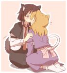  >_< 2girls animal_ears back_bow black_capelet black_skirt blonde_hair blush bow capelet cat_ears cat_girl cat_tail closed_eyes collared_shirt commentary_request dog_girl dress flying_sweatdrops hair_bow hands_on_another's_arms kemonomimi_mode long_hair long_sleeves maribel_hearn medium_hair missing_headwear multiple_girls necktie open_mouth purple_dress red_background red_necktie sash seiza shirt sitting skirt sleeve_garter socks sweatdrop tail tail_wagging touhou unagi_sango usami_renko white_bow white_sash white_shirt white_socks yuri 