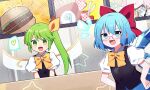  3girls alternate_costume bespectacled blue_eyes blue_hair blue_skirt bow bowtie burger cirno collared_shirt commentary_request daiyousei fairy fairy_wings fang food glasses green_eyes green_hair hair_bow heart highres ice ice_wings long_hair looking_at_viewer mcdonald's multiple_girls notice_lines open_mouth puffy_short_sleeves puffy_sleeves red-framed_eyewear red_bow saigyouji_yuyuko shirt short_sleeves side_ponytail skirt smile spoken_heart touhou white_shirt wings yellow_bow yellow_bowtie you_(noanoamoemoe) 