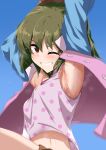  1girl :d ;d absurdres armpits arms_up baseball_mitt camisole commentary_request green_hair grin highres idolmaster idolmaster_million_live! jacket looking_at_viewer multicolored_jacket nagayoshi_subaru one_eye_closed open_clothes open_jacket pink_camisole polka_dot_camisole red_eyes sanami_(sanami_t_38) short_hair smile solo sweat sweaty_armpits two-tone_jacket 