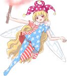  1girl american_flag american_flag_dress american_flag_print blonde_hair clownpiece commentary_request dress fairy fairy_wings flag_print full_body hat highres holding holding_torch jester_cap long_hair looking_at_viewer neck_ruff open_mouth pantyhose pink_hat polka_dot polka_dot_headwear red_eyes s-a-murai short_sleeves simple_background smile solo star_(symbol) star_print striped_clothes striped_dress striped_pantyhose torch touhou very_long_hair white_background wings 