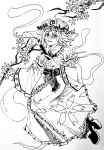  1girl boots bow bowtie branch center_frills cherry_blossom_print cherry_blossoms chinese_commentary commentary_request dot_nose eyelashes floating floral_print folded_fan folding_fan frilled_bow frilled_garter frilled_headwear frilled_kimono frills full_body greyscale hair_between_eyes hand_fan happy hat highres hitodama holding holding_fan japanese_clothes kimono long_sleeves looking_at_viewer mob_cap monochrome neck_ribbon nib_pen_(medium) obi open_mouth otogisum3 pen_(medium) petals print_kimono ribbon ribbon-trimmed_kimono ribbon_trim saigyouji_yuyuko sash see-through_clothes see-through_veil short_hair sleeve_garter smile solo spiral spiral_print touhou traditional_media triangular_headpiece veil waist_bow wide_sleeves 