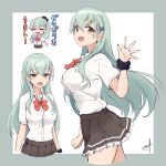 1girl adapted_costume alternate_hairstyle black_scrunchie bow bowtie breasts brown_skirt collared_shirt cowboy_shot dress_shirt frilled_skirt frills green_eyes green_hair highres kantai_collection long_hair medium_breasts minosu msile multiple_views orange_bow orange_bowtie pleated_skirt ponytail scrunchie shirt skirt suzuya_(kancolle) suzuya_kai_ni_(kancolle) waving white_shirt wrist_scrunchie 