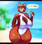 anthro beach big_breasts black_nose blurred_background bottle breasts brown_body brown_fur brown_hair cleavage clothed clothing container curvy_figure day emoji eyelashes female female_anthro fur glistening glistening_body glistening_fur green_eyes grey_eyes hair heterochromia hi_res holding_bottle holding_container holding_object huge_breasts lotion_bottle mammal one-piece_swimsuit open_mouth outside palm_tree pictographics plant procyonid raccoon randomgloves sea short_hair sihny_breasts sky smile solo standing swimwear thick_thighs tree umbrella voluptuous voluptuous_anthro voluptuous_female water white_one-piece_swimsuit wide_hips