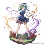  1girl asymmetrical_hair aura black_skirt blue_eyes blue_hat blue_shoes blue_vest commentary_request copyright_notice epaulettes falling_petals flower frilled_hat frills full_body green_hair hat highres long_sleeves looking_at_viewer official_art petals pongu red_flower red_petals ribbon-trimmed_skirt ribbon_trim rod_of_remorse shiki_eiki shoes simple_background skirt sleeve_bow socks solo spider_lily touhou touhou_arcadia_record vest white_background white_socks 