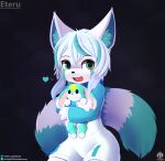 absurd_res ailurid anthro blush clothed clothing female fur hi_res holding_object holding_plushie looking_at_viewer mammal plushie red_panda senz smile solo teal_body teal_fur text url white_body white_fur