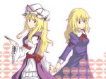  2girls blonde_hair blue_eyes bow bowtie check_commentary closed_mouth collared_dress commentary_request contrast_collar dress folding_fan frilled_dress frilled_sleeves frills grabbing_another's_hand hand_fan hat hat_ribbon holding holding_fan juliet_sleeves long_dress long_hair long_sleeves maribel_hearn missing_headwear mob_cap multiple_girls puffy_sleeves purple_dress purple_eyes purple_tabard red_bow red_bowtie red_ribbon ribbon road_sign sign sleeve_cuffs sleeve_garter sleeve_ribbon smile stop_sign tabard touhou unagi_sango white_background white_dress white_hat wide_sleeves yakumo_yukari yukari_is_merry_theory_(touhou) 
