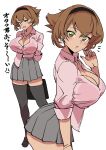  1girl alternate_costume asava_(hutaitenn) black_hairband black_thighhighs breasts brown_hair cowboy_shot full_body green_eyes grey_skirt hairband highres kantai_collection large_breasts mutsu_(kancolle) partially_open_shirt pleated_skirt shirt_partially_tucked_in short_hair simple_background skirt solo standing thighhighs white_background 