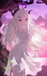  1girl absurdres ahoge alternate_costume blue_archive commentary demon_horns demon_wings dress fangfangtu fingerless_gloves gloves grey_hair halo highres hina_(blue_archive) horns lens_flare long_hair looking_at_viewer low_wings multiple_horns outdoors pink_eyes see-through_silhouette sleeveless sleeveless_dress smile solo straight_hair sunset very_long_hair white_dress wings 