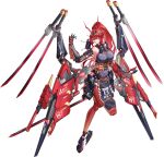  1girl absurdres armor bare_shoulders black_gloves breasts commentary_request covered_navel floating floating_object floating_weapon full_body gauntlets gloves hair_ornament high_ponytail highres hk419 holding holding_weapon japanese_armor katana large_breasts long_hair looking_at_viewer mecha_musume mechanical_arms mechanical_legs multiple_swords multiple_weapons original pelvic_curtain ponytail purple_eyes red_hair red_thighhighs rigging science_fiction solo sword tachi-e thighhighs transparent_background weapon 
