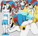  1girl artist_name ass bandeau bare_shoulders beach black_hair blue_bandeau blue_eyes blue_hat blue_male_swimwear blue_shoes blue_shorts blunt_ends blush_stickers bottomless character_doll colored_skin commentary doll english_commentary flat_chest frown full_body gloves grabbing_another's_ass grey_background groping hat hat_bell hatsu_(hatsumiilkshake) highres jester jester_cap male_swimwear midriff multicolored_bandeau multicolored_eyes multicolored_hat multiple_views navel nude pale_skin pomni_(the_amazing_digital_circus) pussy red_eyes red_hat sand shoes shorts sidelocks signature solo_focus spread_anus spread_ass spreading_another's_anus squiggle_eyes striped_bandeau striped_clothes striped_headwear stuffed_toy stuffing swim_trunks the_amazing_digital_circus toon_(style) two-tone_bandeau two-tone_eyes two-tone_hat uncomfortable vertical-striped_clothes vertical-striped_headwear water white_bandeau white_skin yellow_gloves yellow_trim 