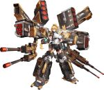  1girl absurdres armored_boots belt black_shorts blonde_hair boots breasts full_body hair_between_eyes high_ponytail highres hk419 huge_breasts large_breasts long_hair looking_at_viewer mecha_musume mechanical_legs missile navel original ponytail red_eyes rocket_launcher science_fiction shirt short_shorts shorts solo tachi-e transparent_background weapon white_shirt 