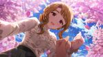  1boy 1girl braid brown_hair card_commentary cherry_blossoms commentary_request day falling_petals frilled_shirt frills from_below game_asset hair_bun idolmaster idolmaster_million_live! idolmaster_million_live!_theater_days light_rays long_sleeves looking_at_viewer miyao_miya official_alternate_costume official_alternate_hairstyle official_art outdoors petals pink_petals pov pov_hands producer_(idolmaster) shirt short_hair sidelocks single_hair_bun solo_focus sunlight third-party_source tree white_shirt 