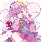  1girl absurdres black_hairband blue_shirt blush buttons closed_mouth collared_shirt commentary disembodied_linked_eye eyeball frilled_shirt_collar frilled_sleeves frills hair_ornament hairband hand_on_own_cheek hand_on_own_face heart heart_button heart_hair_ornament highres komeiji_satori long_sleeves looking_at_viewer pink_eyes pink_hair pink_skirt samon_(vxxr8575) shirt signature skirt smile solo touhou wide_sleeves 