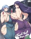 2girls absurdres ass blue_dress blue_hair breast_press breasts choker clothing_cutout collar coolpsyco covered_navel cross-laced_clothes cross-laced_dress cup dress drinking_glass fate/grand_order fate_(series) fire_emblem fire_emblem:_three_houses halter_dress halterneck highres hip_vent mature_female multiple_girls navel o-ring o-ring_choker purple_dress purple_hair sideboob smile symmetrical_docking veins veiny_breasts wide_hips wine_glass 