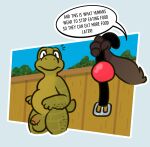 anthro ball_gag bdsm box_turtle dialogue gag genitals hi_res male mammal nude over_the_hedge penis procyonid raccoon reptile rj_(over_the_hedge) scalie slightly_chubby stockingmiami turtle verne_(over_the_hedge)