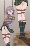  1girl absurdres arms_behind_back bang_dream! bang_dream!_it's_mygo!!!!! bdsm blazer blush bondage bound brown_eyes cameltoe clothes_lift commentary crotch_rope green_necktie green_skirt green_socks grey_hair hamuta_(machosbrown) haneoka_school_uniform highres jacket kneehighs multiple_views necktie no_shoes panties plaid_clothes plaid_skirt school_uniform sex_toy shibari short_hair simple_background skirt skirt_lift socks striped_clothes striped_necktie suspension takamatsu_tomori tiptoes underwear vibrator vibrator_under_clothes vibrator_under_panties white_panties 
