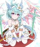  1girl absurdres ahoge aqua_hair bare_shoulders blue_hair blush braid breasts cleavage collarbone cross-laced_clothes cross-laced_dress crystal_wings dated dragon_girl dragon_horns dragon_tail dragon_wings dress flower foolforpriconne gloves hair_between_eyes hair_flower hair_ornament hair_over_shoulder hairband highres horns looking_at_viewer medium_hair parted_lips planted princess_connect! purple_eyes sheffy_(princess)_(princess_connect!) sheffy_(princess_connect!) signature sitting snowflakes solo sword tail weapon white_background white_dress white_flower white_gloves white_hairband wings 