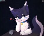 absurd_res anthro bell bell_collar blush canid canine collar container cup cute_fangs domestic_cat fangs felid feline felis fox fur grey_body grey_fur heart_symbol hearts_around_head hi_res looking_at_viewer male mammal pawpads senz sitting solo teeth text url